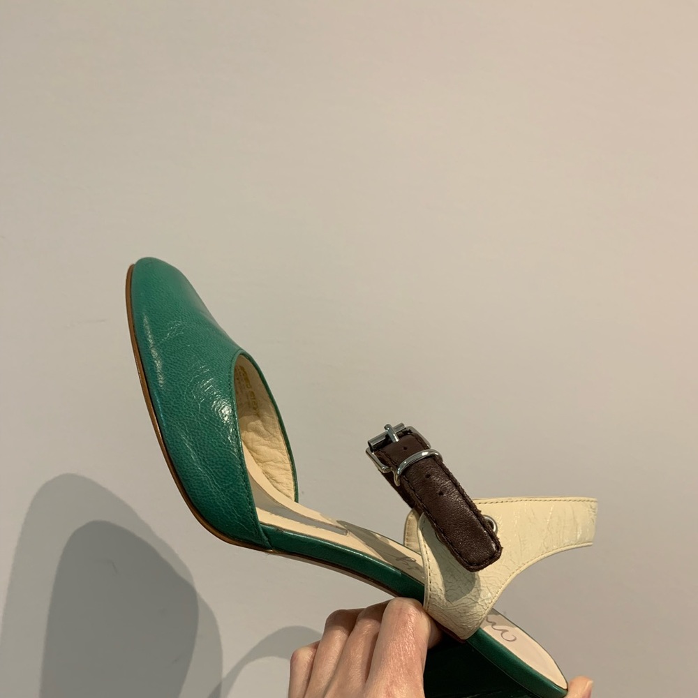 Vintage Style Green Pointed Toe Heels Ankle Strap Colorblock Pumps Size 6 - Picture 5 of 15